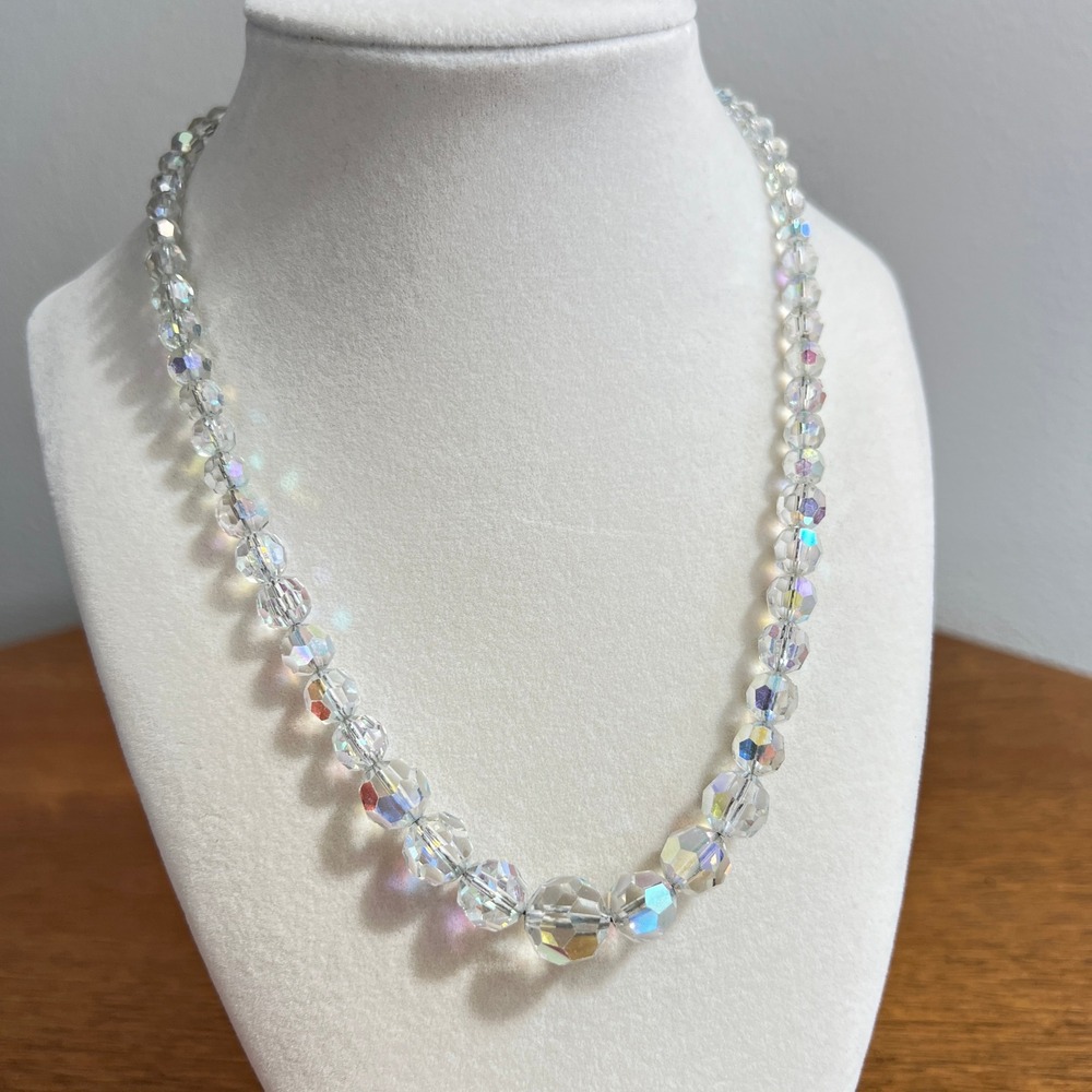 Vintage AB Crystal Necklace Clear Iridescent Graduated Silver Fishhook Clasp